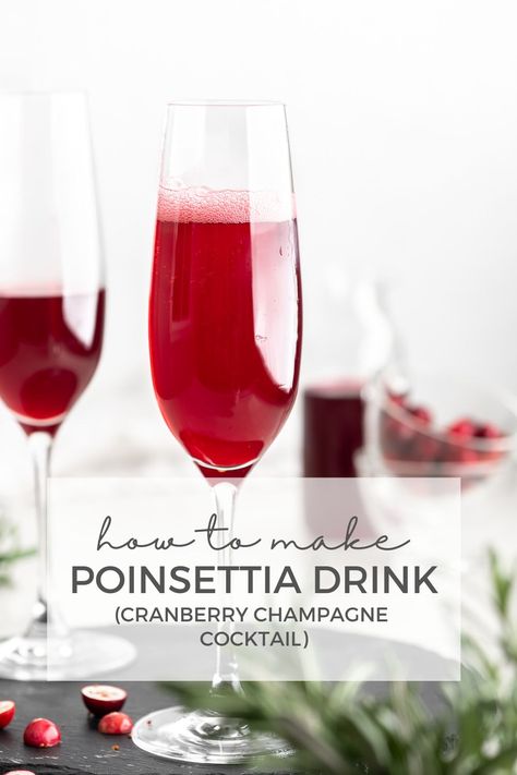 This cranberry champagne cocktail, officially known as the Poinsettia drink, is the most beautiful Christmas drink! It’s deliciously sweet, tart, and bubbly-- and the colors are perfect. For the best results, stir the Grand Marnier and cranberry juice on ice to chill and then add the chilled sparkling wine. Cocktails With Champagne, Poinsettia Drink, Vodka Hot Chocolate, Cranberry Champagne Cocktail, Poinsettia Cocktail, Cranberry Martini, Cozy Winter Recipes, Christmas Drinks Recipes, Coconut Hot Chocolate