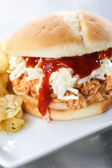 Slow Cooker Hawaiian Chicken Sandwiches | Six Sisters' Stuff Hawaiian Chicken Sandwiches, Slow Cooker Hawaiian Chicken, Hawaiian Chicken Sandwich, Easy Chicken Salad Sandwich, Bbq Chicken Sandwich Recipes, Hawaiian Bbq Chicken, Bbq Pulled Chicken Sandwiches, Boiled Chicken Breast, Bbq Chicken Sandwich