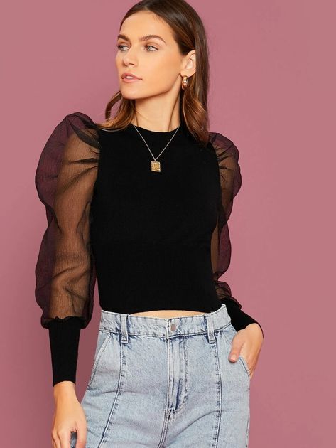 Sheer Organza Puff Sleeve Sweater Top | SHEIN USA Puff Tops Outfit, Organza Sleeves Style Blouse, Sheer Sleeves Top Outfit, Organza Sleeves Dress, Sheer Tops Outfit, Puff Long Sleeve Top Outfit, Black Tops For Women Classy, Organza Puff Sleeves, Formal Tops With Sheer Puff Sleeves