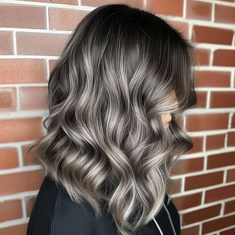 Asian Gray Hair Balayage, Brown Hair To Grey Transition, Brown To Silver Ombre, Brown Hair With Ash Blonde Highlights, Silver Ash Hair, Ash Brown Hair With Highlights, Dark Silver Hair, Rich Brown Hair, Cinnamon Hair