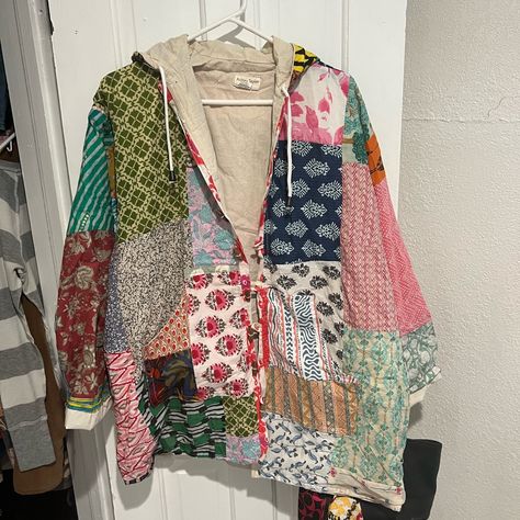 Nwot Absolutely Stunning Patchwork Jacket. Handmade From India. It Looks Heavy But It’s Not. I Think It’s A Cool Spring Day Weight. Jackets Made From Old Quilts, Patchwork Clothes Diy, Thrift Board, Boho Chic Accessories, Ashley Taylor, Quilted Coats, Patchwork Denim Jacket, Blanket Jacket, Patchwork Clothing