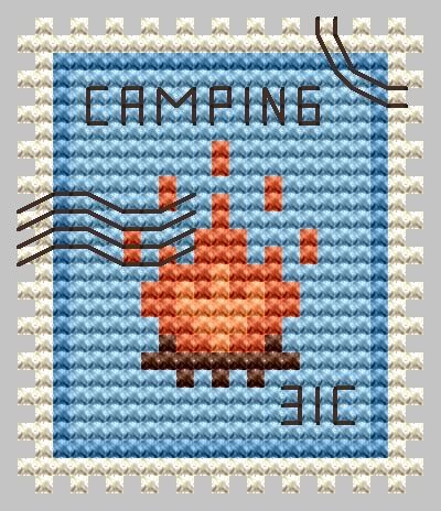 Campfire Postage Stamp cross stitch chart designed by Kate Spiridonova.  ATTENTION! Fabric and threads are not included! Cross stitch charts are intended for personal use only and can't be distributed any way. Cross Stitch Stamps, Cross Stitch Stamp, Small Cross Stitch Patterns Free Minis, Rv Cross Stitch, Stamp Cross Stitch, Cross Stitch Keychain, Kawaii Cross Stitch, Tiny Cross Stitch, Small Cross Stitch