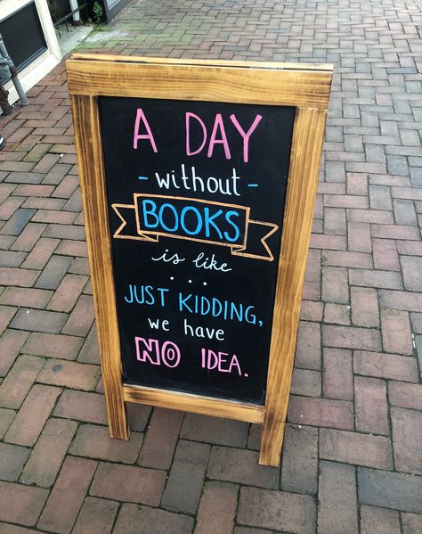 Books Chalkboard Art, Fun Library Ideas, Bookstore Signs, Bookstore Ideas, Library Bulletin Board, Library Book Displays, Sidewalk Sign, Fair Booth, Library Bulletin Boards