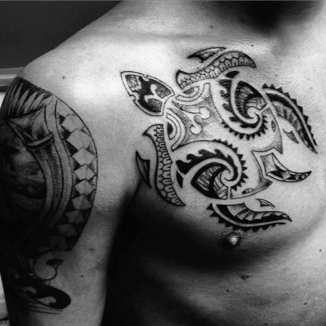 Sea Turtle Chest Tattoo, Sea Turtle Tattoo Men, Turtle Sleeve Tattoo, Turtle Chest Tattoo, Fantail Tattoo, Tattoo Finder, Hawaiian Turtle Tattoos, Upper Shoulder Tattoo, Tattoo Turtle