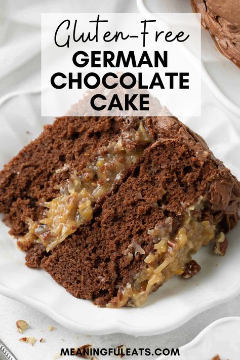 A slice of double layer German Chocolate cake Gluten Free German Chocolate Cake, Fluffy Chocolate Frosting, Gluten Free Pecan, Pecan Filling, German Chocolate Cake Recipe, Best Gluten Free Desserts, Gluten Free Cake Recipe, Gluten Free Chocolate Cake, Gluten Free Cupcakes