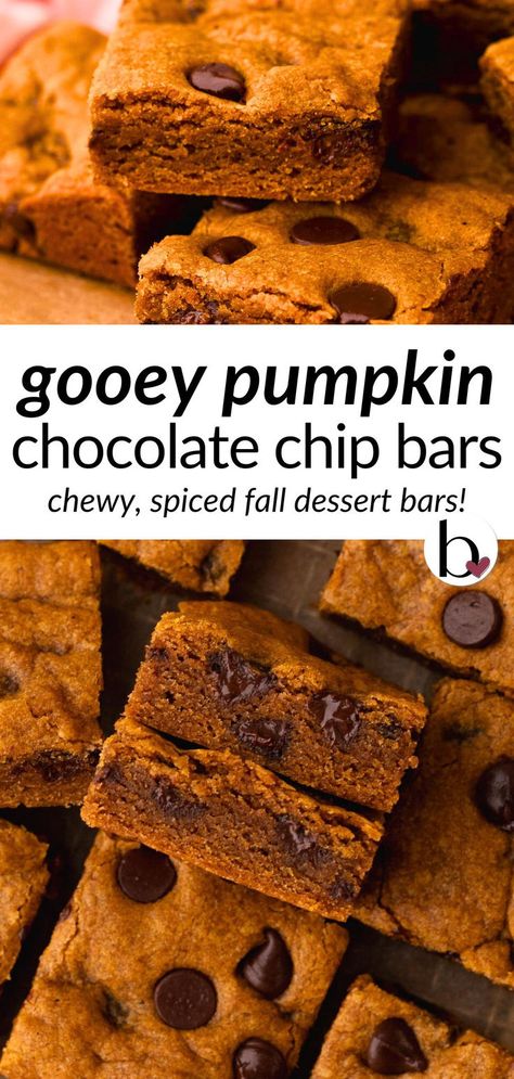 Pumpkin chocolate chip dessert bars stacked on a wire rack. Chocolate Chip Pumpkin Bars, Fall Dessert Bar, Gluten Free Pumpkin Desserts, Easy Pumpkin Recipes Desserts, Blondie Dessert, Easy Dessert Bars, Easy Pumpkin Dessert, Small Batch Baking, Frozen Pumpkin