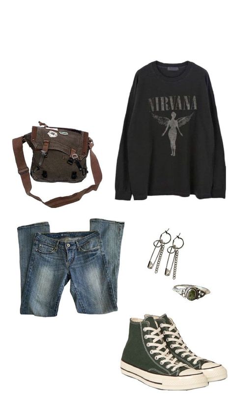 outfit inspiration, outfit ideas, nirvana dark grey hoodie, wash flare jeans, forest green converse, safety pin earrings, green emerald silver ring, dark green messenger bag with pins, grunge outfit inspiration Converse Inspiration, Nirvana Outfit, Nirvana Fashion, Outfit Grunge, Grunge Outfit, Outfits With Converse, Outfit Idea, Grunge Outfits, Nirvana