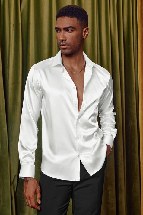 This Men's satin shirt is a very delicate and shiny fabric, it feels great against the skin and drapes beautifully, and is also lightweight and comfortable to wear. It is perfect for more formal occasions. #men #shirt Satin Button Up Outfit, Men Blazer Outfit, Satin Shirt Men, Satin Shirt Outfit, Silk Shirt Outfit, Silk Shirt Men, Satin Shirts, Recycled Dress, Shirt Outfit Men