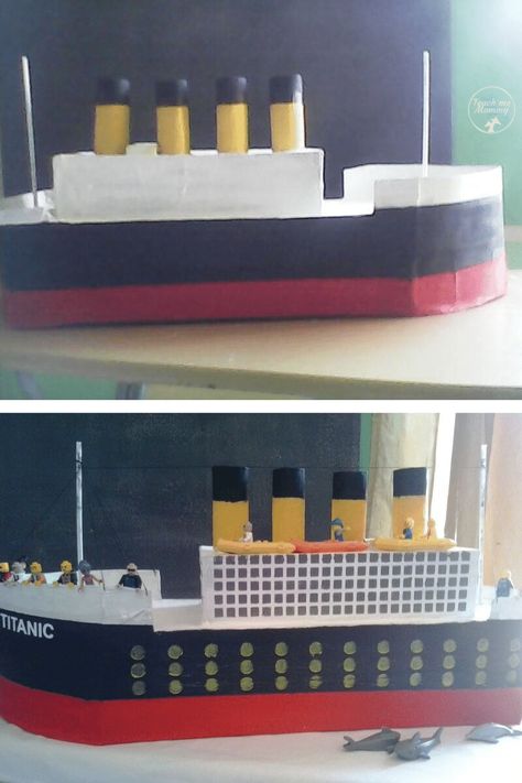 Titanic Recycle Craft - Teach Me Mommy Titanic Models For Kids, Titanic Model Diy, Diy Titanic Ship, Titanic Project For Kids, Titanic Crafts For Kids, Titanic Project, Titanic Birthday, Recycled Crafts Kids Projects, Titanic Art