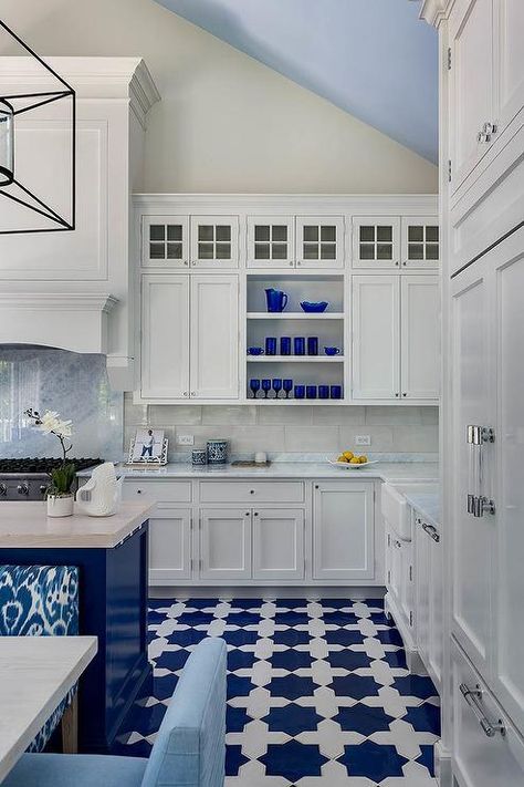 Cobalt Blue Glassware, Moroccan Style Kitchen, Blue Floor Tile, Blue Kitchen Tiles, Long Living Room, Patchwork Tiles, White Kitchens, Blue Glassware, Slate Flooring