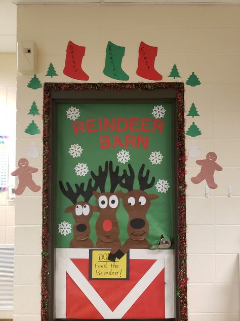 Reindeer barn Reindeer Office Door Decorations, Reindeer Hallway Decorations, Rudolph The Red Nosed Reindeer Door Decoration, Reindeer Stable Door Decoration, Reindeer Door Decoration For Classroom, Christmas Wrapping Ideas Creative, Prek Christmas, Library Door, Christmas Hallway