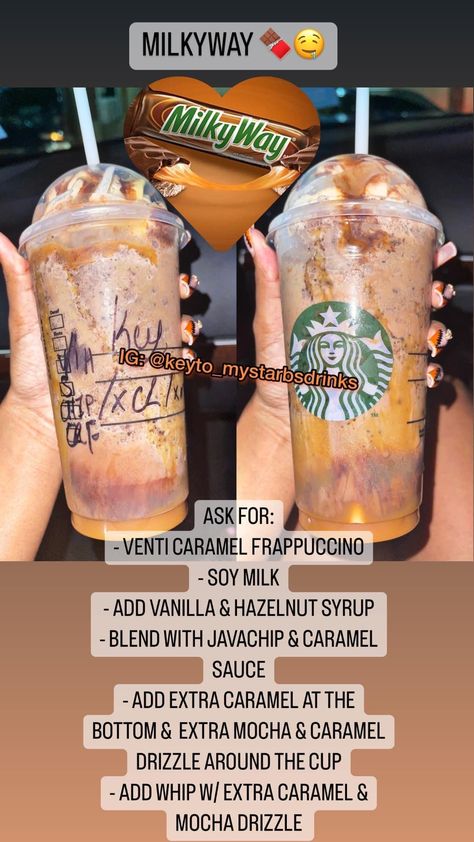 Starbucks Drinks Snickers, Candy Bar Starbucks Drinks, Hi Can I Get Starbucks, Milky Way Frappuccino Starbucks, Starbucks Frappuccino Ideas, Starbucks Drink Frappe, Crazy Starbucks Drinks, Special Starbucks Frappe Orders, Starbucks Drinks And Prices