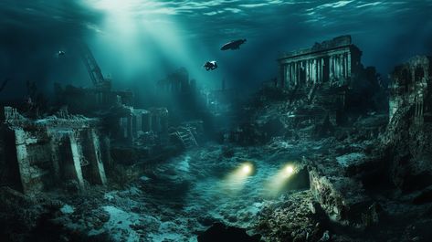 #Underwater ancient #ruins: #Underwater exploration reveals the mysterious ruins of an #ancient civilization with #eerie, gleaming lights. #aiart #aiphoto #stockcake ⬇️ Download and 📝 Prompt 👉 https://stockcake.com/i/underwater-ancient-ruins_1223445_964343 Ruins Architecture, Underwater Exploration, Water City, Ancient Civilization, Under Water, Halloween Digital, Ancient Ruins, Ancient Civilizations, Interior Art