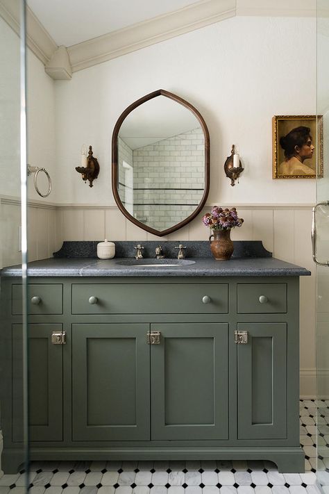 Why this Indiana designer is determined to keep her firm small Seafoam Cabinets, Paint Bathroom Vanity, Whittney Parkinson Design, Whittney Parkinson, Bathroom Cabinet Colors, Paint Bathroom, Grey And White Wallpaper, Tranquil Bathroom, Painted Vanity Bathroom