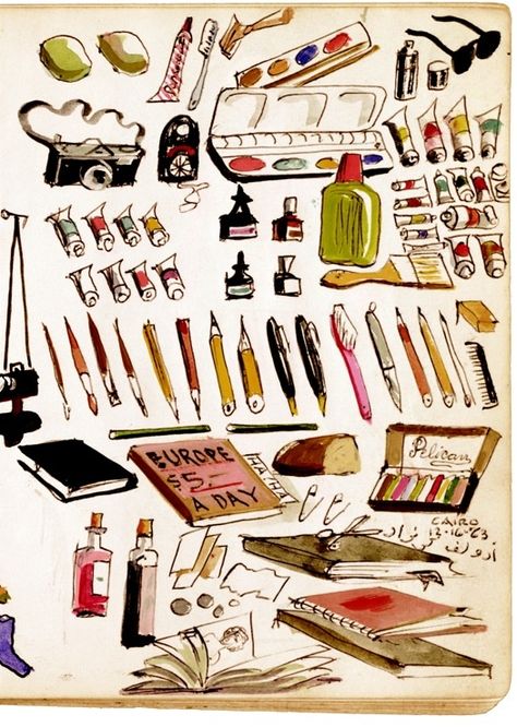 Vintage art journal Inventory Illustration, Art Supplies Illustration, Art Materials Illustration, Sketch Supplies, Art Tools Illustration, Inventory Art, Vintage Art Supplies, Sketching Materials, Art Inventory