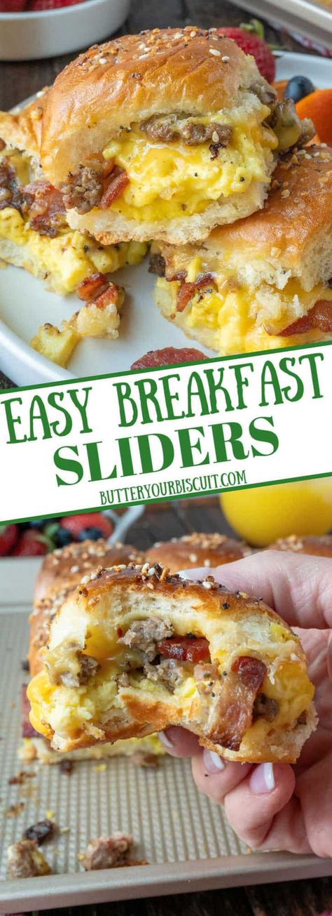 Breakfast Sliders Breakfast Hawian Roll Sandwiches, Epic Breakfast Ideas, Easy Breakfast Sliders Hawaiian Rolls, Breakfast Kings Hawaiian Rolls, Hawaiian Breakfast Casserole, King Hawaiian Breakfast Sliders, Sausage Brunch Recipes, Quick Breakfast Sandwich Ideas, Crissonts Breakfast Ideas