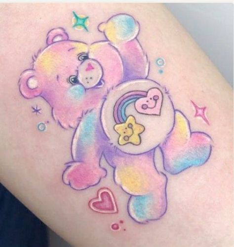 Kawaii Style Tattoo, Carebares Tattoo, Care Bears Tattoo Ideas, Carebears Tattoos, Squishmallow Tattoo, Kawaii Tattoo Sleeve, Care Bear Tattoo Ideas, Kawaii Tattoo Ideas, Care Bear Tattoo