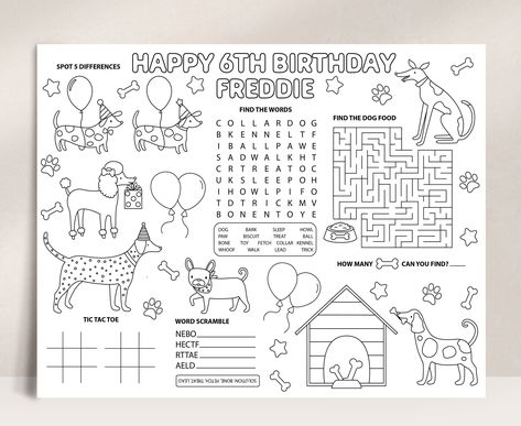 Pawty Activity Placemat, Puppy Dogs Coloring Page, Printable Dog Party Game, Kids Dog Party Table Activity, Editable Party Template Dog Themed Activities, Pin The Tail On The Dog, Pawty Dog Party Girl, Dog Party Printables, Dog Party Games, Dog Themed Birthday Party, Paw Party, Activity Placemat, Dog Themed Parties