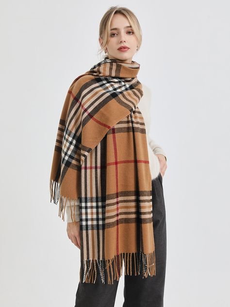 Multicolor Casual Collar  Fabric Plaid Scarf Embellished   Women Accessories Trim Scarf, Clothes Art, Stylish Scarves, Scarf Women Fashion, Fall Scarves, Fringe Trim, Plaid Pattern, Winter Scarf, Plaid Scarf