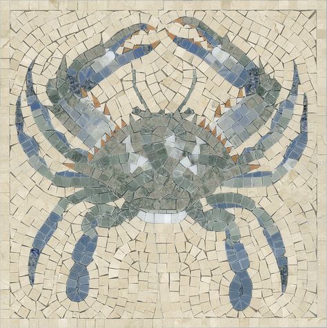 Crab Mosaic, Coastal Tiles, Mosaic Crab, Mosaic Sea Life, Mosaic Tile Wall Art, Mosaic Bathroom Floor, Mosaic Illustration, Mosaic Rug, Beach Mosaic