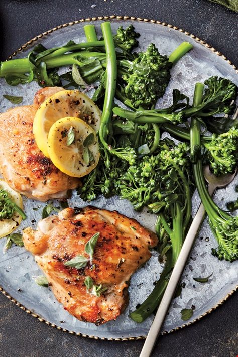 What if you could have tender, slow-cooker chicken thighs and crisp Broccolini to feed four with 10 minutes of hands-on time and eight common ingredients? Now, you can, and here's the recipe to prove it. Garnish with fresh oregano leaves and additional kosher salt and black pepper, if desired. #slowcooker #crockpot  #healthyslowcookerrecipes #slowcookerrecipes #slowcookerideas #healthyrecipes Beach Dinners, Broccolini Recipe, Slower Cooker, Slow Cooker Chicken Thighs, Ninja Recipes, One Pot Dinners, Lemon Pepper Chicken, Food Plan, Crockpot Cooking