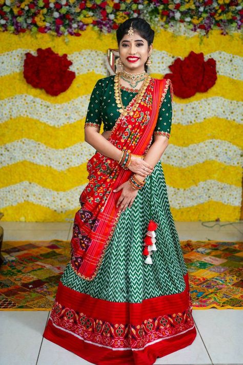 Half Saree Draping, Latest Half Saree Designs, Pattu Half Saree Designs, Patola Lehenga Choli, Half Saree Blouse Designs, Pattu Half Saree, Saree Designs Latest, Half Saree Function, Lehenga Saree Design