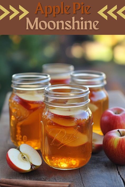 Apple pie moonshine blends apple juice, cider, spices, and a kick of grain alcohol and vodka, creating a smooth, sweet drink with a warm cinnamon finish. Apple Moonshine, Flavored Moonshine Recipes, Apple Pie Shots, Apple Pie Moonshine Recipe, Homemade Moonshine, Moonshine Recipe, Infused Liquors, Apple Pie Moonshine, Homemade Alcohol