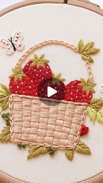 Embroidery by Elahe on Instagram: ""Strawberry basket" 🍓🥰 New summer pattern is live on momentoell shop or Etsy shop ♥️
PDF Pattern and instructions with full video tutorial ✨️
Check the store link in my bio for more details ✨️ 
Happy Saturday 🌸
.
.
." Embroidery Patterns With Instructions, Basket Stitch Embroidery, Strawberry Embroidery Pattern, Basket Embroidery Design, Floss Crafts, Basket Embroidery, Embroidery Floss Crafts, Basket Stitch, Strawberry Basket