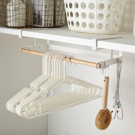 Yamazaki Tosca Undershelf Hanger | The Container Store Hanger Storage Ideas, Under Shelf Storage, Laundry Time, Shelf Hanger, Laundry Ideas, Laundry Space, Laundry Room Closet, Room Hacks, Hanger Holder