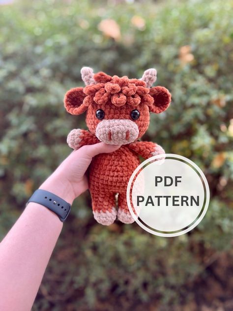 Farm Animal Crochet, Cow Amigurumi Pattern, Crochet Highland Cow, Crochet Pattern Cow, Crochet Farm Animals, Crochet Stuffies, Western Nursery, Crocheted Cow Pattern, Amigurumi Cow