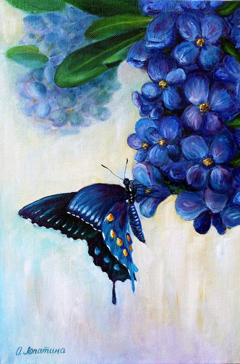 Sold. Butterfly Painting Insect Original Art Blue Floral Artwork Butterfly Painting With Flowers, Flowers And Butterfly Painting, Butterfly Art Work, Butterfly Flower Painting, Butterfly Garden Painting, Painting Butterfly On Canvas, Object Painting Ideas, Butterfly Painting Ideas On Canvas, Butterfly On Flower Painting