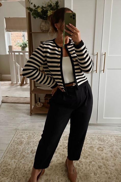 Mango Popeye Stripe Cardigan, … curated on LTK Striped Lady Jacket Outfit, Stripped Cardigan Outfits, Striped Cardigan Outfit, Cardigan Work Outfit, Business Casual Cardigan, Striped Sweater Outfit, Outfits With Striped Shirts, Autumn Fashion Work, Office Fits