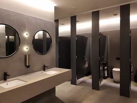 Office Bathroom Design, Public Restroom Design, Commercial Bathroom Designs, Cubicle Design, Compact Laminate, Toilet Cubicle, Commercial Toilet, Gym Design Interior, Restaurant Bathroom