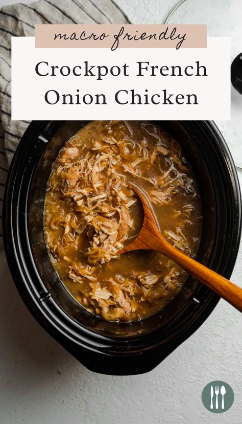 Juicy, tender chicken slow cooked in a cheesy creamy sauce, this Crockpot French Onion Chicken is a dream come true. This comfort food favorite comes together in minutes, just toss it in the pot and wait for food magic. Crockpot Creamy French Onion Chicken And Orzo, Au Jus Chicken Crockpot, Chicken And Onion Crockpot Recipes, Macro Friendly Pot Roast, Macro Crockpot Chicken, French Onion Soup Chicken Crock Pot, Macro Friendly Chicken Crockpot Recipes, Chicken And Onion Soup Mix Recipes, Crockpot Recipes Macro Friendly