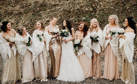 mismatched gold bridesmaids dresses with white blanket shawls hydrangea bunch bouquet Sloan Olivia Photography Bridesmaid With Shawl, Bridesmaid Dresses With Shawl, Bridesmaid Dress With Shawl, Bridesmaids Shawls, Bridesmaid Dresses Gold, Bridesmaid Color, Diy Winter Wedding, Gold Winter Wedding, Christmas Wedding Themes