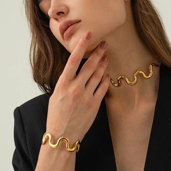 Usa New Shop · Products · Trendy Stainless Necklace Set Fashion 18K Gold Plated · Shopify Wave Bracelet, Gold Armband, Wave Pattern, New Wave, Charm Jewelry, Ring Set, Ring Sets, Necklace Set, Jewelry Set