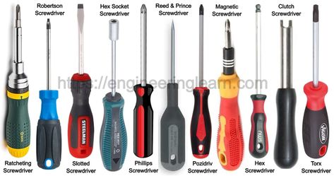 14 Types of Screwdriver and Their Uses [with Pictures] - Engineering Learn Cabluri Electrice, Screw Drivers, Tool Storage Diy, Engineering Tools, Screws And Bolts, Mechanic Tools, Construction Tools, Tools Hardware, Garage Tools