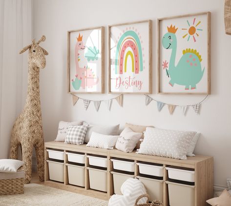 Toddler Girl Dinosaur Room, Baby Girl Dinosaur Nursery, Girl Dinosaur Nursery, Girl Toddler Room, Toddler Room Ideas Girl, Dinosaur Toddler Room, Dinosaur Wall Decor, Wall Decor Prints, Dinosaur Wall Art