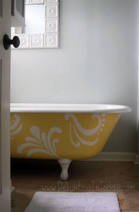 A warm yello-w Painted Clawfoot Tub, Diy Bathtub Makeover, Tub Makeover, Bathtub Makeover, Tub Refinishing, Painting Bathtub, Clawfoot Tubs, Diy Bathtub, White Tub