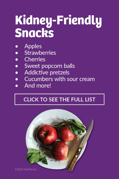 Snacking is OK on the kidney diet if you make healthy choices. Use these 30+ kidney-friendly snack ideas and recipes the next time hunger strikes!

•	Apples
•	Strawberries
•	Cherries
•	Sweet popcorn balls
•	Addictive pretzels
•	Cucumbers with sour cream
•	And more! 

Click to see the full list. What To Eat For Kidney Health, Kidney Friendly Snacks, Foods Good For Kidney Function, Good For Kidney Health, Kidney Diet Food Lists, Kidney Stone Diet Avoid, Foods To Avoid With Kidney Problems, Healthy Kidney Diet, Kidney Healthy Foods