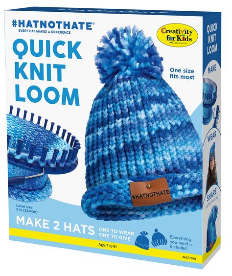 PRICES MAY VARY. 100% Acrylic HAT NOT HATE - Hat Not Hate is an anti-bullying campaign. Founded in 2018 by Shira Blumenthal, herself a victim of childhood bullying, this craft activity raises awareness by making, wearing and sharing blue hats in support of bullying prevention QUICK KNIT LOOM - Knitting on a loom is easy and fun! Unlike traditional knitting or crochet, this weaving loom craft allows kids to create their own hats - one to wear and one to give. Quality tools can be used again and a Knit Loom, Loom Knit Hat, Loom Craft, Kids Hat, Quick Knits, Lion Brand Yarn, Knitted Beanie, Lion Brand, Knit Beanie Hat