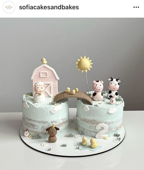 Farm Animals Cake Design, Boho Farm Animal Birthday Party, Farm Animals Cake Ideas, Donkey Birthday Cake, Birthday Cake Farm Animals, Twins Birthday Cake Ideas, Cake Farm Animals, Farm Smash Cake, Farm Theme Birthday Cake