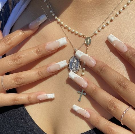 Square Nails With Rhinestones, Long White Nails, Long Square Nails, White French Tip, Acrylic Gems, Ballerina Nails, French Tip Acrylic Nails, Nail Length, Prom Nails