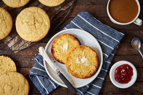 Toaster Corncakes | King Arthur Baking: Sweet cornbread molded into English muffin rings, perfect with butter and jam. Corn Toasties, Corncakes Recipe, Crumpet Recipe, Sourdough English Muffins, Corn Cake, English Muffin Recipes, King Arthur Baking, Sweet Cornbread, King Food