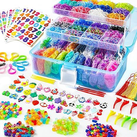 Amazon.com: Inscraft 17500+ Rubber Loom Bands with 3 Layer Blue Container, 28 Colors, 600 S-Clips, 352 Beads, 40 Cartoon Pendant, Bracelet Making Refill Kit for Kids : Office Products Backpack Hooks, Loom Band Bracelets, Blue Container, Rainbow Loom Patterns, Diy Kandi Bracelets, Rainbow Loom Bands, Diy Lip Gloss, Kids Office, Rubber Band Bracelet