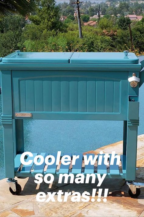 This cooler is a must have! So many extras and storage capacity for party, gatherings or just a relaxing day by the pool! Love the look too! Cooler Bar, Cooler With Wheels, Patio Cooler, Rolling Cooler, Ice Chest, Beverage Cooler, Above Ground Pool, Relaxing Day, Cool Pools