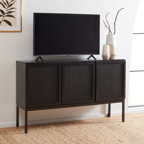 Black Sideboard Buffet, Rattan Webbing, Rattan Sideboard, Tv Stand Furniture, Safavieh Furniture, Black Rattan, Black Sideboard, Paint Wood, Sideboard Designs