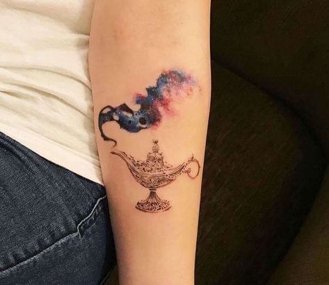 Magic Lamp Tattoo, Genie Lamp Tattoo, Lamp Watercolor, Aladdin Tattoo, Aladdin Magic Lamp, Book Inspired Tattoos, Lamp Drawing, Lamb Tattoo, Umbrella Tattoo