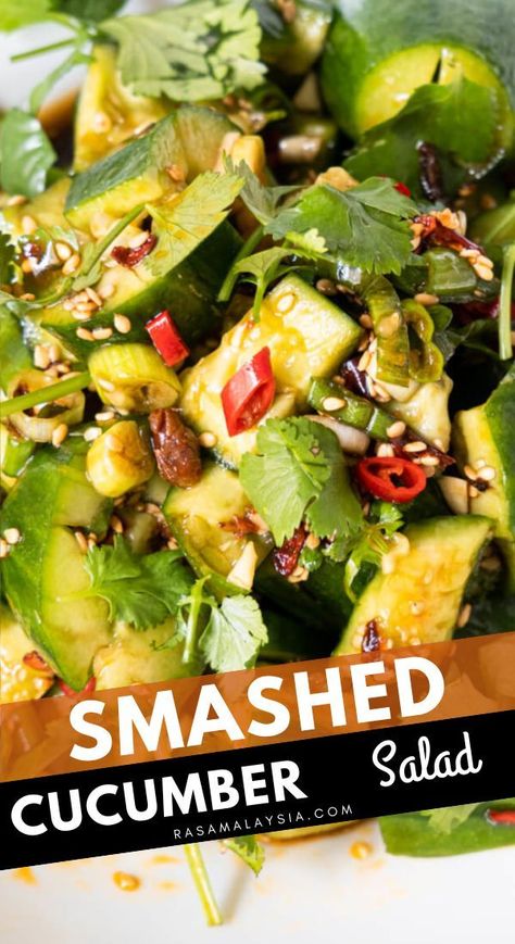 Smash Cucumber Salad, Crushed Cucumber Salad, Spicy Salad Dressing, Smashed Cucumber, Malaysia Recipes, Cucumber Snacks, Smashed Cucumber Salad, Easy Make Ahead Appetizers, Dried Red Chili Peppers