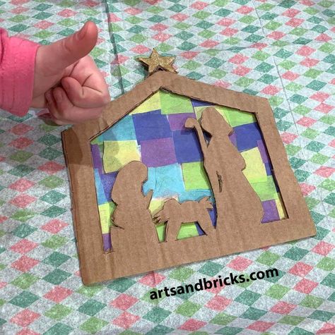 This year, I asked my 4th-grade son to make a gift for his teacher to accompany our gift card and note. He decided to make this Mosaic Nativity Hanging Ornament. Learn how to make it for your family too. Tissue Paper Mosaic, Tissue Craft, Holiday Family Games, Lds Crafts, Nativity Silhouette, Paper Mosaic, How To Make Stencils, Making Stained Glass, Mosaic Stained